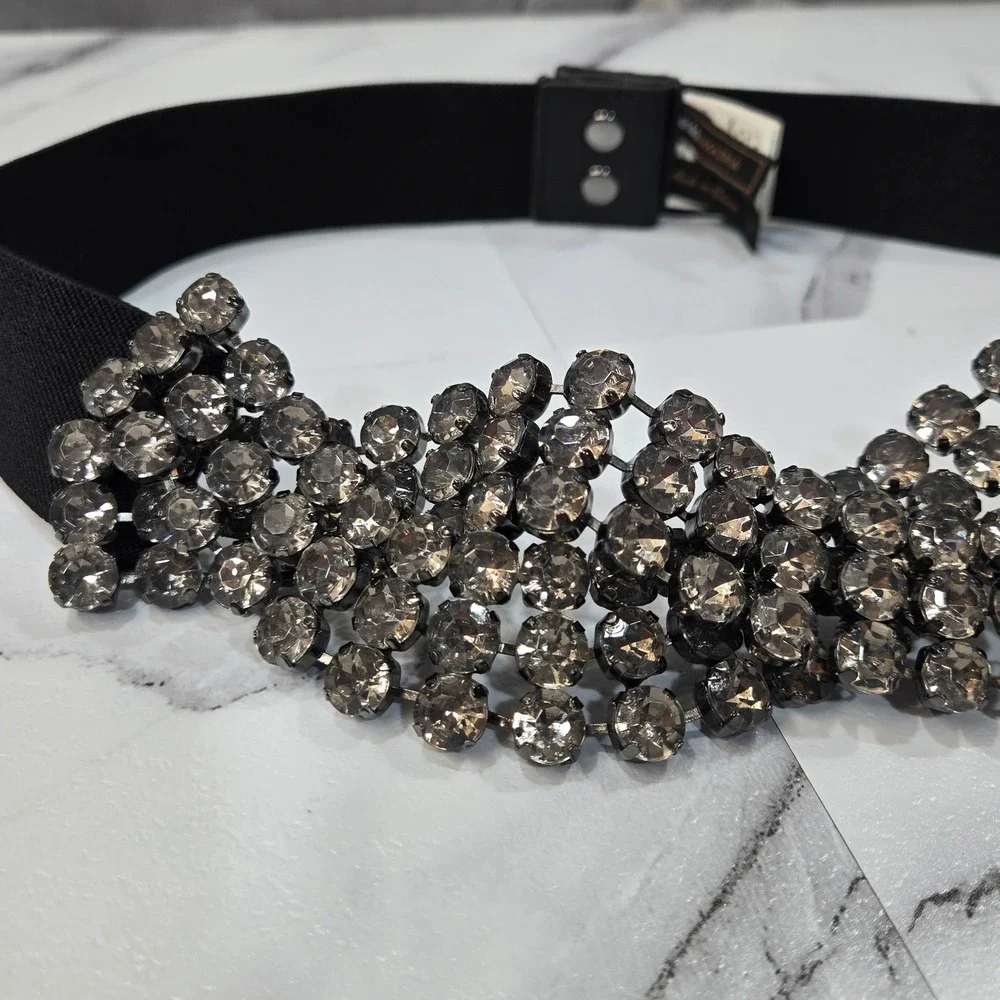 BCBGMAXAZRIA Waist Belt Medium Black Rhinestone Crystal Mesh Elastic Stretch
